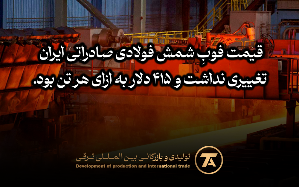 قیمت فوبِ شمش فولادی صادراتی ایران تغییری نداشت و ۴۱۵ دلار به ازای هر تن بود.